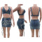 Summer fashion personality tassel elastic denim short skirt set