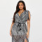 Zebra striped short sleeved V-neck high waist slit sexy nightclub dress with perspective