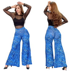 Imitation denim print loose wide leg pants (single pants)