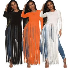Solid color long sleeved European and American sexy tassel top
