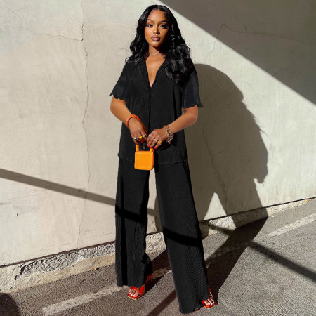 Fashion pleated short sleeved shirt, wide leg pants two-piece set