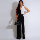 Summer women's small suit with patchwork lapel vest, commuting loose wide leg pants set