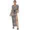 Zebra striped short sleeved V-neck high waist slit sexy nightclub dress with perspective