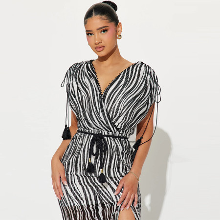 Zebra striped short sleeved V-neck high waist slit sexy nightclub dress with perspective