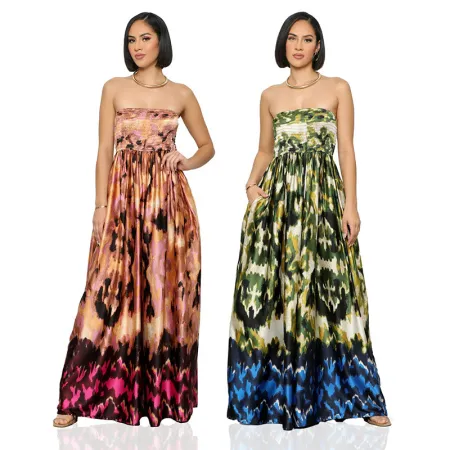Satin printed sleeveless strapless dress