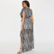 Zebra striped short sleeved V-neck high waist slit sexy nightclub dress with perspective