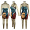Facial contour pattern positioning, printed suspender dress, short skirt