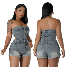 Casual and fashionable strapless women's slim fit denim jumpsuit
