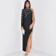 Fashion round neck rhinestone high slit solid color dress for women