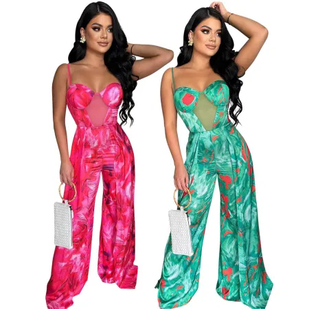Strap print sexy see through jumpsuit for women