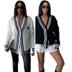 Cardigan V-neck embroidered temperament black and white color matching slim fit cardigan sweater jacket