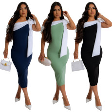 One shoulder lace up solid color slit dress sleeveless long skirt women's casual women's clothing