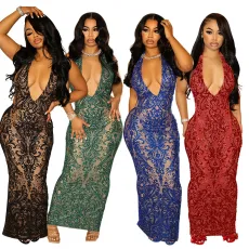 Sleeveless sexy V-neck dress, party dance sequin dress