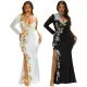 Fashionable high slit rhinestone long sleeved slim fit dress for women