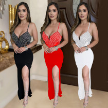 Fashionable women's sleeveless V-neck long dress with rhinestone hot stamping, revealing new legs