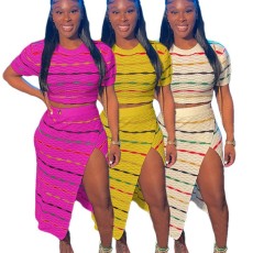 European and American women's early spring color striped knitted skirt set