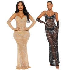 Strap hot stamping diamond perspective evening dress sexy dress with underwear and no sleeves