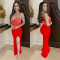 Fashionable women's sleeveless V-neck long dress with rhinestone hot stamping, revealing new legs