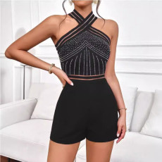 Hot stamping hollow splicing elastic hip hugging jumpsuit shorts