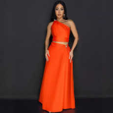 Shoulder slit sleeveless skirt two-piece set