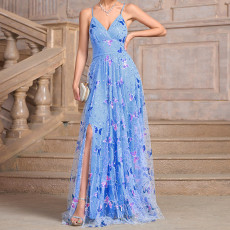 New butterfly sequin suspender V-neck European and American split tie elegant slim fit women's dress