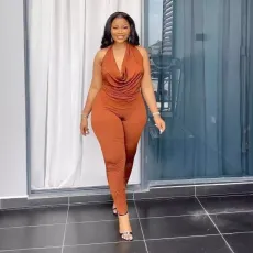 Solid color elastic hanging neck backless top and pants two-piece set
