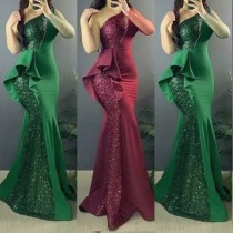 Large size women's clothing, European and American foreign trade, Amazon new product, sloping shoulder solid color dress, dress, long skirt