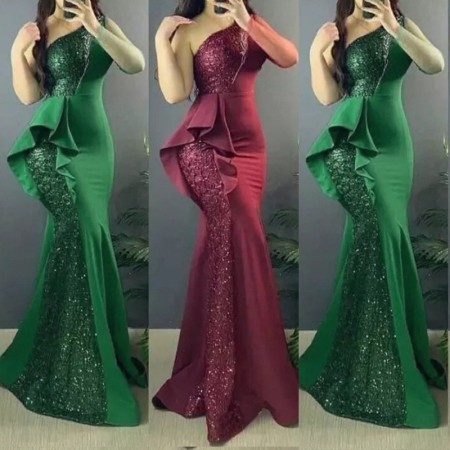 Large size women's clothing, European and American foreign trade, Amazon new product, sloping shoulder solid color dress, dress, long skirt