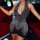 European and American hot diamond deep V-back strap hanging neck jumpsuit shorts