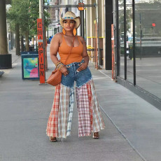 Casual wide leg pants with patchwork jeans