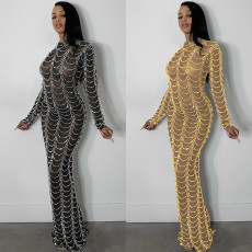 Fashionable New Product Sexy Nightclub Hot Diamond Mesh Transparent Long Sleeve Dress