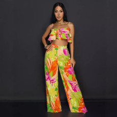 Printed fungus edge suspender wide leg two-piece set