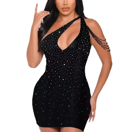 Hot stamping single shoulder hollow bead decoration hip dress