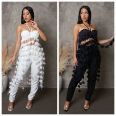Sexy suspender neck tie short top paired with slim pants two-piece set for women