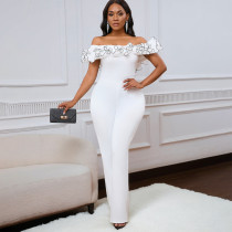Women's sexy tight solid color one neck ruffle edge off shoulder short sleeved foreign trade jumpsuit