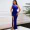 New Fashion Style Slant Collar Banquet High Waist Split Long Dress Sparkling Dress