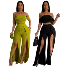 Fashionable women's clothing hot selling casual suit strapless open leg wide leg pants