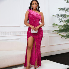 New Fashion Style Slant Collar Banquet High Waist Split Long Dress Sparkling Dress