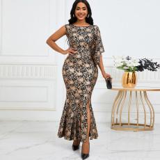Fashionable temperament, slim fit, sexy banquet dress, long skirt, one shoulder hot stamping dress