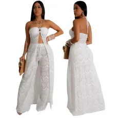 Sexy two-piece women's fashionable lace up top paired with loose wide leg pants set