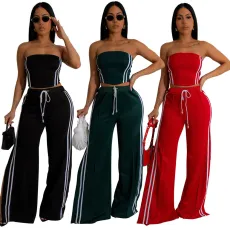 Fashion women's strapless top paired with loose pants casual two-piece set
