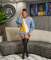Fashionable loose sweater with color blocked patchwork jeans sleeves