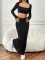 New solid color casual long sleeved square neck exposed navel top with hip hugging fashionable fish tail long skirt