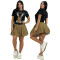 Fashionable round neck short sleeved embroidered+beaded top+pleated skirt set
