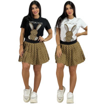 Fashionable round neck short sleeved embroidered+beaded top+pleated skirt set