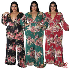 Printed strap V-neck long sleeved wide leg jumpsuit
