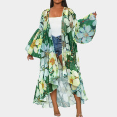 Lantern sleeve irregular hem long printed cardigan