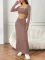 New solid color casual long sleeved square neck exposed navel top with hip hugging fashionable fish tail long skirt