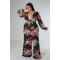 Printed strap V-neck long sleeved wide leg jumpsuit
