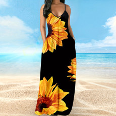 New product elegant style sunflower print slim fit jumpsuit long skirt